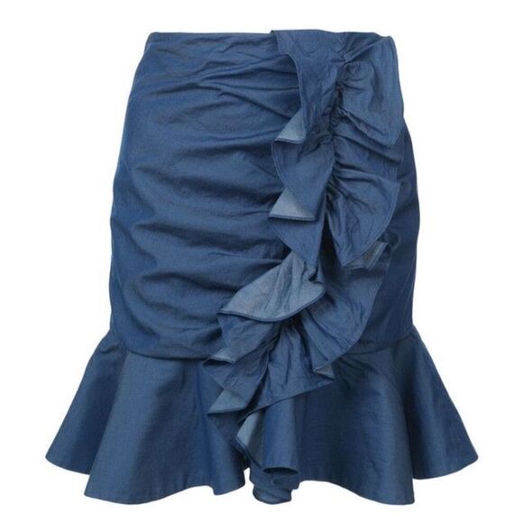 Caroline Costas Ruffled Chambray Denim Mini Skirt  Feminine Flirty Workwear M - Picture 3 of 11